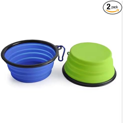 Collapsible Pet Bowl Set with Carabiner Clip, Blue & Green