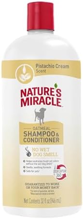 Nature's Miracle 2-in-1 Oatmeal Dog Shampoo & Conditioner, 32 oz | Odor Neutralizing Formula Leaves No Wet Dog Smell, Enriched with Aloe & Vitamin B, Soothes Pets Skin, Pistachio Cream Scent