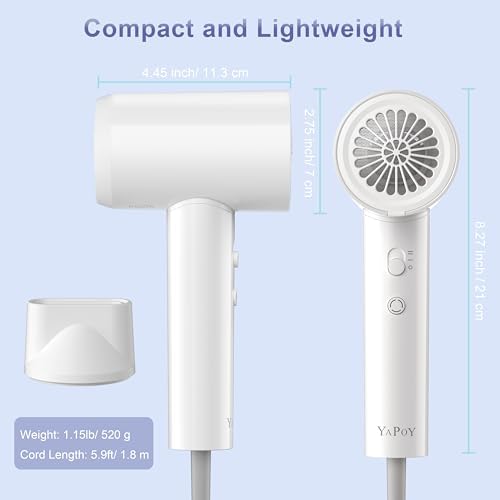 YAPOY Hair Dryer, 200 Million Ionic Blow Dryer, 110,000 RPM Fast Drying, Reduced Frizz, Intelligent Thermo-Control, Low Noise, Lightweight for Adult/Children/Dog, Home/Hotel/RV/Travel