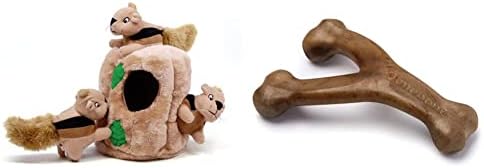 Outward Hound Hide A Squirrel Plush Dog Toy Puzzle (Large) and Benebone Wishbone Durable Dog Chew Toy (Medium)