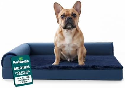 FurHaven Cooling Gel Dog Bed for Medium Dogs, L-Shaped Chaise with Cool Gel-Top Foam with a Solid Orthopedic Foam Base for Joint Support, Washable Cover, Medium, Plush & Velvet, Deep Sapphire