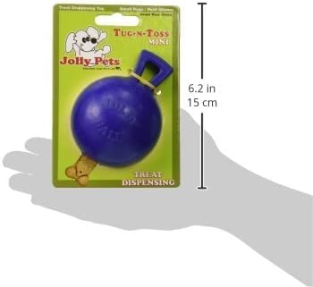 Jolly Pets Tug-n-Toss Heavy Duty Dog Toy Ball with Handle, 3 Inches/Mini, Blue, Model:403 BL | Mini 3 inch jolly ball with handle, treat-dispensing chamber for puzzle play, bounces for fetch, made in USA