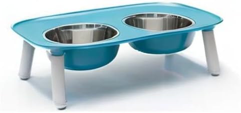 Messy Mutts Elevated Double Dog Feeder, Adjustable Height, Blue | Adjustable-Height Elevated Double Dog Feeder With Two 5 Cup Stainless Bowls, Legs Set To 3, 5, Or 10 Inches