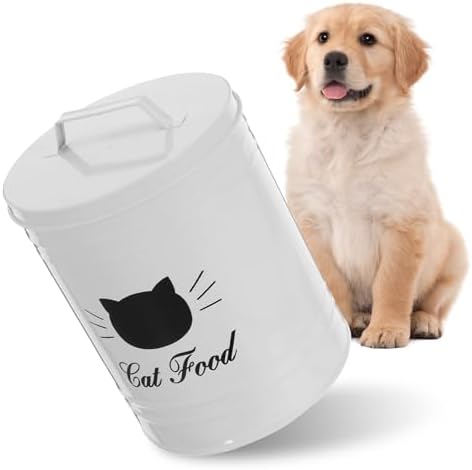 DOITOOL Metal Pet Food Storage Container with Airtight Seal, White Iron Dog and Cat Food Bin for Home Use, Sturdy Animal Treat Canister with Lid for Kitchen Counter