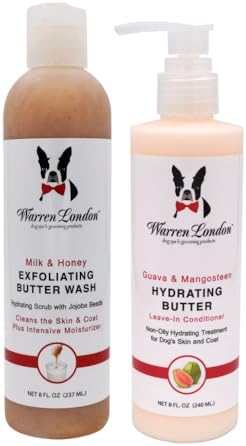 Warren London 8oz Butter Combo - Premium Dog Shampoo & Conditioner - Exfoliating Wash with Fragrant Leave in Conditioner - Detangler and Coat Moisturizer - Milk & Honey w/Guava & Mango