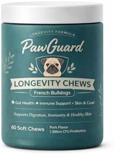 PawGuard French Bulldog Longevity Chews, Probiotics Digestive Enzymes Glucosamine and Chondroitin Soft Chews, Pork Flavor, Gut Skin Coat Immune Joint Support, 60 Count