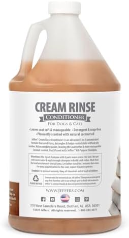Jeffers Pet Cream Rinse 3in1 Conditioner, 128 Oz – Moisturizing & Detangling Formula for Dogs & Cats, Light Coconut Scent, Soap & Detergent Free, Safe Professional Grooming Pet Coat Care