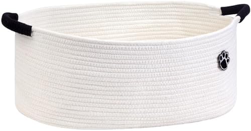 Optish Dog Toy Basket, 30L Toy Box and Bin for Dog Cat Storage, 19.7" X 11" X 7.9" Large Woven Rope Basket for Blankets, Living Room, Bedroom, White