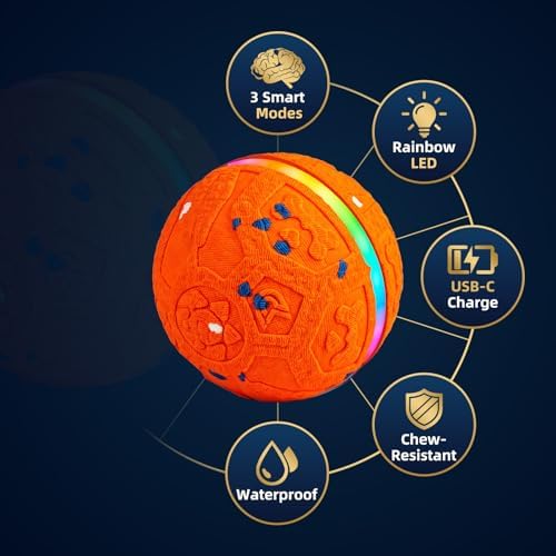 Interactive Dog Ball Toy[Newly Upgraded], 3 Modes, Sound & Vibration, USB-C | Durable E-TPU, Colorful LED Lights, Sound & Vibration, 30-Min USB-C Charging, Up to 1d Playtime, IP7 Water Resistance