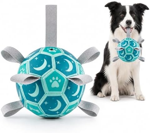 Dog Soccer Ball with Straps, 6 Inch Herding Dog Ball Toys Dog Birthday Toy, Balls for 20-40lbs Dogs, Outdoor Puppy Toys for Small Medium Dogs, Interactive Toy for Tug, Water Toy Ball,Blue