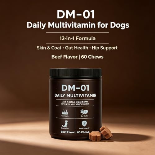 DM-01 Daily Multivitamin for Dogs, 12-in-1 Ingredientscaring for Your Dog's Health, Probiotics, Chondroitin & Vitamins, Skin & Coat, Gut, Hip Support, Beef Flavor, 60 Chews