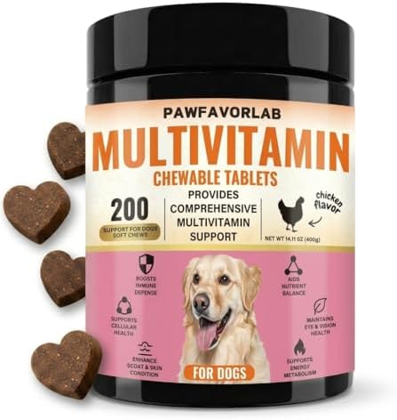 Dog Multivitamin Chewable Tablets (200 Count) – 24 in 1 Chicken Flavor Daily Dog Supplements & Vitamins with Glucosamine, Pumpkin, Krill Oil, Chondroitin, Probiotics & Omega-3 for Dogs of All Ages