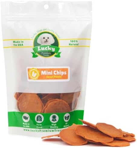 Lucky Premium Treats Sweet Potato Mini Chips Dog Treats – 100% Single Ingredient Sweet Potato Treats for Dogs, Made in USA, Crunchy Natural Dog Snacks, Bite-Sized Training Rewards for Dogs - 6 oz.