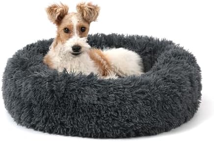 NOYAL Calming Donut Dog Bed for Small to Medium Dogs & Cats - Plush Faux Fur Anti-Anxiety Pet Bed with Machine Washable Cover & Non-Slip Base
