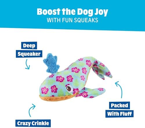 BarkBox Hawaiian Humpbark Whale Dog Toy - Fun for Dogs | Plush Hibiscus Whale Toy with Deep Grunt Squeaker, Fluff and Whip-N-Flip Fins