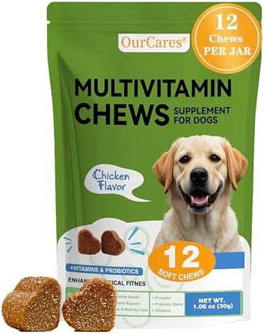 Dog Multivitamin Chewable - Vitamins and Supplements - Dog Daily Vitamin with Glucosamine Probiotics Omega-3 for Coat Hip Joint Heart Digestive Immune Health Support, Chicken Flavor, 12Ct