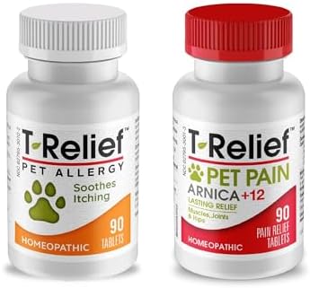MediNatura T-Relief Pet Allergy Support 90ct and Pet Pain Relief 90ct Tablets for Dogs and Cats Bundle