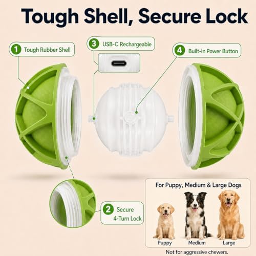 Interactive Dog Ball Toy,Motion-Activated,Rolling&Bouncing,RGB Light | 700mAh rechargeable battery, secure 4-turn thread, tough rubber shell, IPX7-rated outer shell, 5-minute play cycles,Green