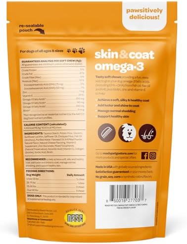 Skin and Coat Supplement for Dogs | Nourishing Omega 3 for Dogs with EPA DHA Krill Oil and Vitamin E | Dog Skin and Coat Supplement | 1 Chew up to 75lbs | NASC Certified & Made in The USA | 90 Chews