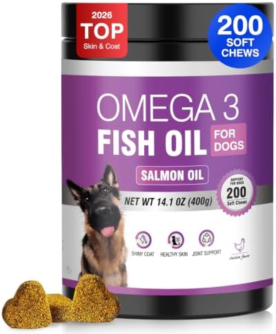 Fish Oil for Dogs Allergy and Itch Relief Chews - Omega 3 for Dog Skin and Coat Care - Salmon Oil for Dogs Anti Shedding Supplement Hot Spot Treatment EPA & DHA 200 Ct