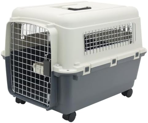 SportPet Airline Compliant MEDIUM 26.5" Travel Dog Kennel-Durable Plastic Airline Pet Carrier w/Removable Wheels & Food Bowls, Collapsible Indoor/Outdoor Dog Kennel, Dogs up to 23"L & 15"H-Cream/Gray