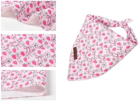 Lionet Paws Spring Strawberry Bow Dog Bandana Washable Cotton Handkerchief Scarf Triangle Pink Bandana, Large (Pack of 1), Small, Pink
