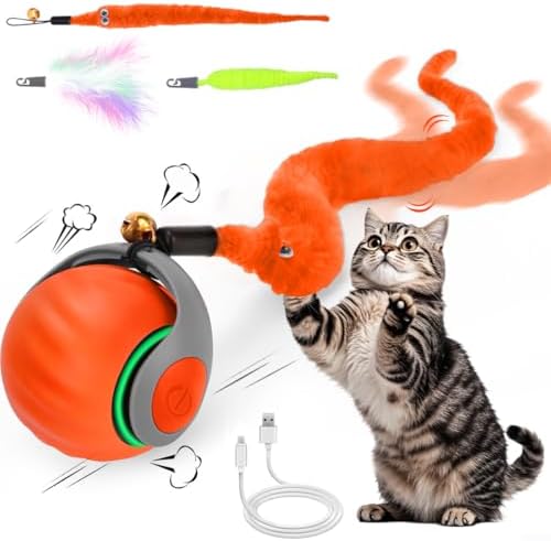 Mity rain Interactive Cat Toy Ball, Rechargeable Cat Toys for Indoor Cats | with Feather Tails for Kittens Chasing, Motion Activated Ball for Enrichment, Automatic Rolling Toys to Keep Them Busy Orange