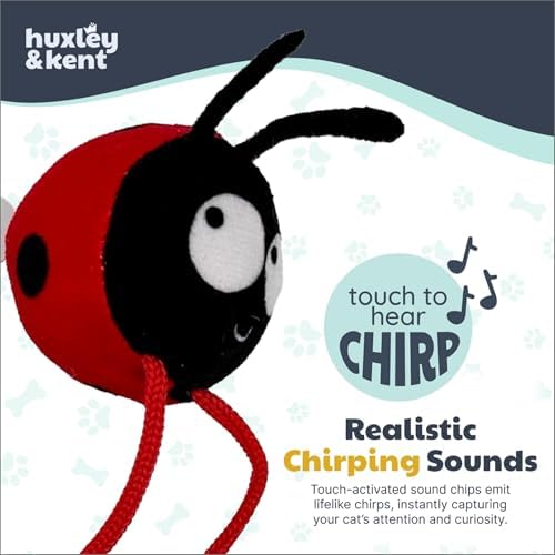 Huxley & Kent Chirpy Interactive Catnip Cat Toy, Ladybug | Touch Activated Chirp Chip with Auto Shut Off, Catnip & Crinkle, Dangly Motion, Soft Plush for Indoor Play