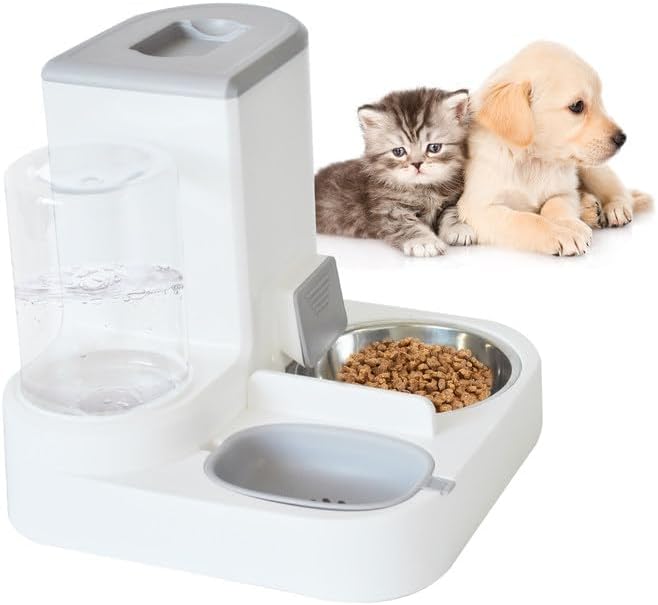 Automatic Cat Food and Water Dispenser Set 2 in 1, 2 in, Stainless Steel, Gray