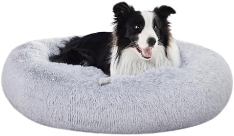 Amazon Basics Washable Donut Pet Bolster Faux Fur Bed with Removable Cover, Anti-Slip Bottom for Dog, Grey, 36" x 36"