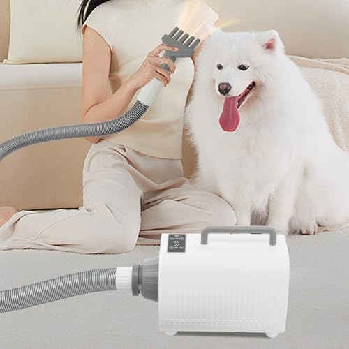 Pet Hair Dryer, 2100W High Velocity Dog Blow Dryer with 9 Speed & 9 Temperature Settings, Adjustable Pet Grooming Blower with 3 Nozzles, Quiet Dog Dryer for Home Pet Shops, White