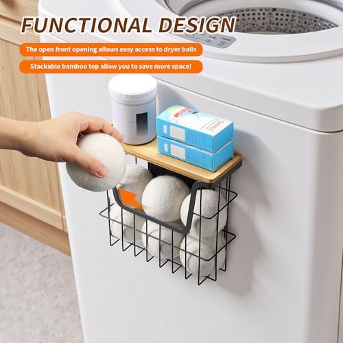 Magnetic Dryer Ball Holder - Black Basket for Laundry Room Organization and Storage with Bamboo Top - Magnetic Lint Bin Suitable for Washer and Dryer / Fridge / Whiteboard (No Balls)