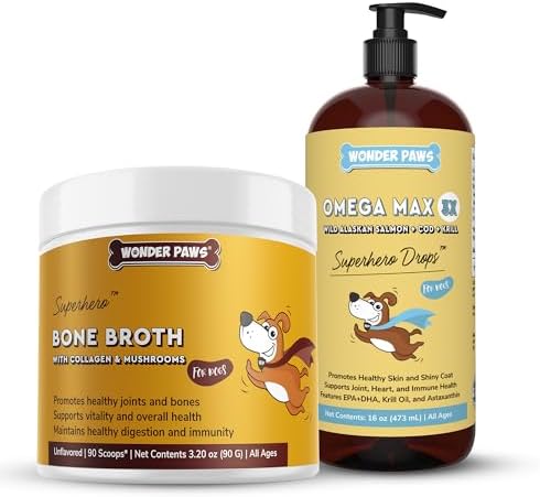 WONDER PAWS Bone Broth Powder Plus Omega Max Fish Oil - for Dog's Skin Health, Respiratory Support, Joint Care & Immune Support – Bone Broth 90 Scoops - Omega Max 16 Ounces