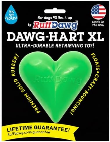 Ruff Dawg Indestructible Dawg-Hart (Heart) XL 4” – Heavy-Duty Solid Rubber Dog Fetch Toy for Dogs 40 lbs & Up – Floats & Crazy Bounce – Made in USA – Assorted Neon Colors