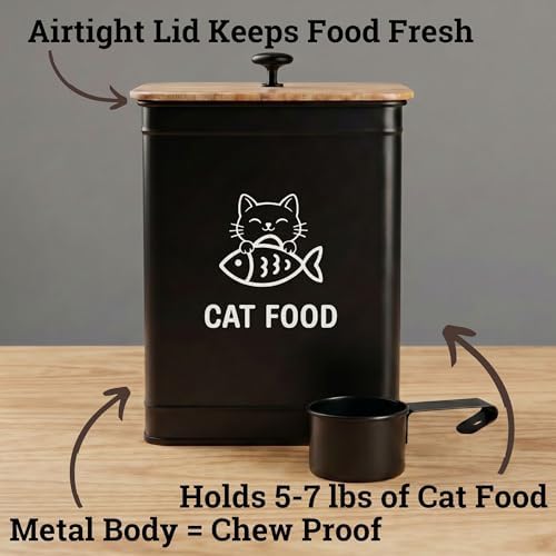 Metal Cat Food Container with Scoop 5-7 lb (25 Cup), w/ Airtight Bamboo Lid