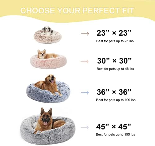 Bedfolks Calming Fluffy Donut Dog Bed for Small Dogs,Light Grey, 23" Round