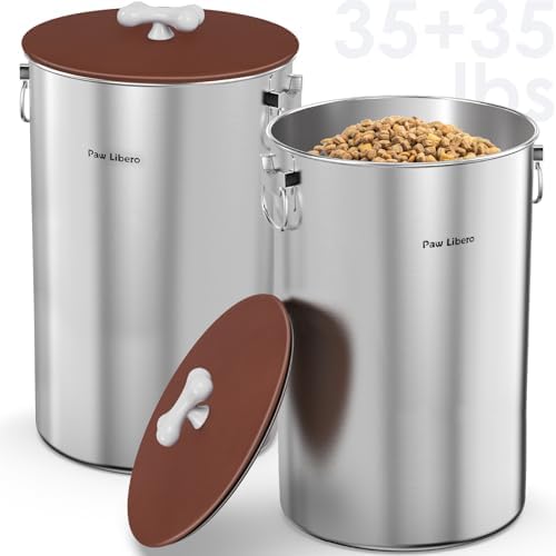Paw Libero 2PK 35 Lbs Stainless Steel Dog Food Storage Container with Airtight Lid, 35 Lbs, Stainless Steel