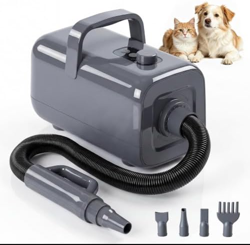 DUMOS Dog Hair Dryer for Pet Grooming, Low Noise, 6.5 FT Cord | Dog Blow Dryer with Adjustable Wind Speed & Heater Temperature, Cool-Warm-Hot Cycle Mode, 4 Nozzles, Grey