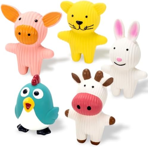 LECHONG Dog Squeaky Toys 5 Pack Latex Dog Toys for Small Dogs – Squeaky Squeeze Toys, Puppy Teething Chew Toys, Soft Rubber Pet Toys, 4.7” Cute Farm Animal Set (Cow, Rabbit, Cat, Pig, Rooster)
