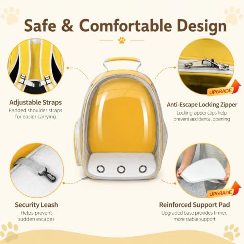 Cat Backpack Carrier Back Expandable Bubble Pet Carrier Backpack for Large Cat, Kitten and Dog, Designed for Hiking, Travelling and Outdoor Use (Back Expandable-Yellow)