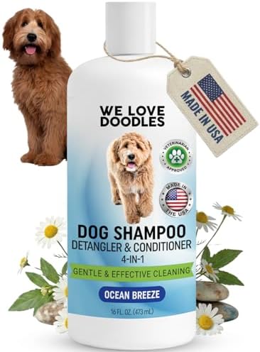 Dog Shampoo, Conditioner & Detangler, Gentle Tearless, Ocean Breeze, 16OZ | For Sensitive Itchy Skin, Hypoallergenic, Best For Smelly Dogs, Goldendoodle, Poodle & Doodle, Puppy Pet Wash, USA Made, 4in1