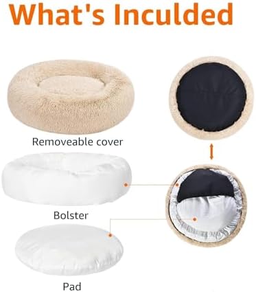 Amazon Basics Washable Donut Pet Bolster Faux Fur Bed with Removable Cover, Anti-Slip Bottom for Dog, Beige, 36" x 36"