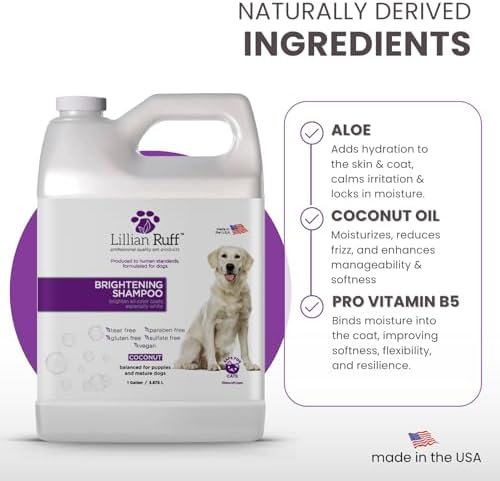 Lillian Ruff PRO Formula Ultra Brightening Dog Shampoo - Professional Whitening & Long-Lasting Odor Eliminator, Remove Stains & Discoloration, Dry Skin & Itch Relief with Aloe & Provitamin B5 (Gallon)
