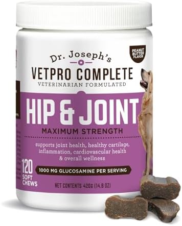 Dr. Joseph's VetPro Complete Dog Hip & Joint Supplement for Arthritis Pain Relief – High-Strength Glucosamine & Chondroitin Chews for Senior Dogs – Vet Formulated, Peanut Butter Flavor, 120 Ct