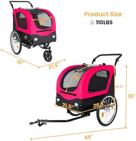 2-in-1 Bike Trailer & Pet Stroller - up to 110lbs, Foldable Cart