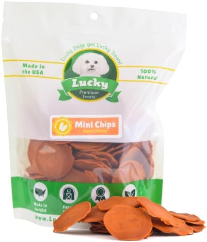 Lucky Premium Treats Sweet Potato Mini Chips Dog Treats – 100% Single Ingredient Sweet Potato Treats for Dogs, Made in USA, Crunchy Natural Dog Snacks, Bite-Sized Training Rewards for Dogs - 12 oz.