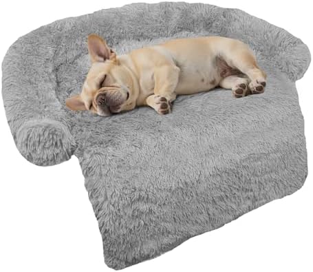GGIB Calming Dog Bed Fluffy Plush Dog Mat for Furniture Protector with Removable Washable Cover for Large Medium Small Dogs and Cats (Small,Grey)