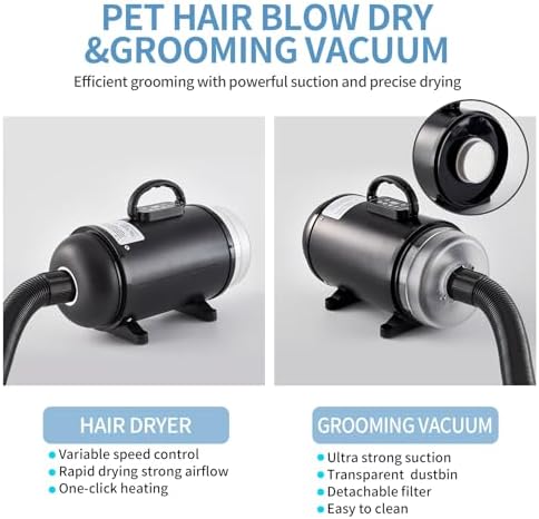 UNICOO Pet Dryer & Grooming Vacuum with Adjustable Speed & Temperature Control, Low Noise, 4 Nozzles, 1850 Watts, Blow Dry & Vacuum Functions for Dogs (Matte Black)