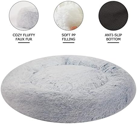 Bedfolks Calming Fluffy Donut Dog Bed for Small Dogs,Light Blue, 23" Round