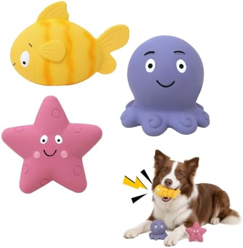Squeaky Sea Creature Latex Dog Toys, 3 in 1 Set Soft Fish Octopus Starfish Chew Toys for Small Medium Dogs, Cute Puppy Toys Gift, Interactive Pet Toys for Enrichment Teething Relief & Boredom Buster